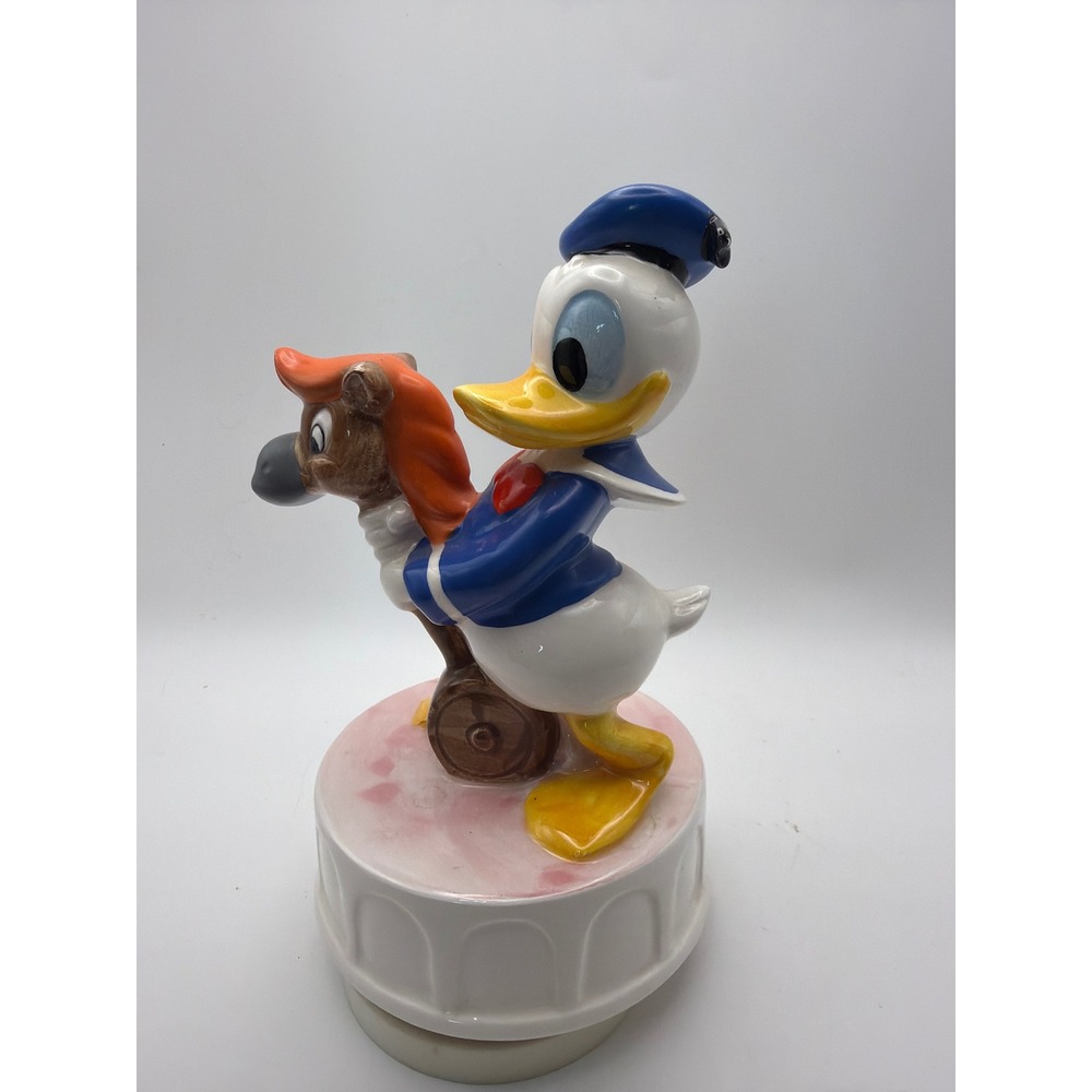 Vintage Schmid Disney Donald Duck Riding Hobby Horse Ceramic Music Box Japan